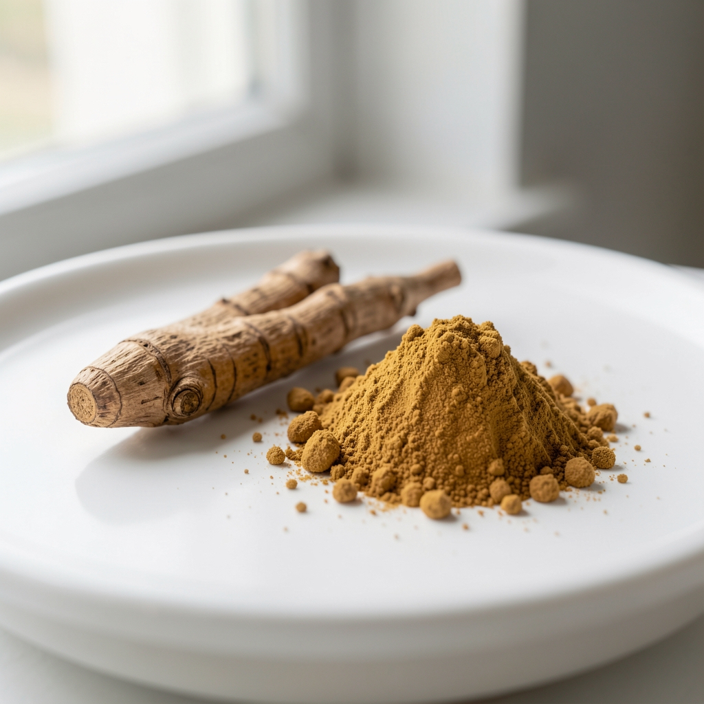 Close-up of dried ashwagandha root and powdered extract on a white ceramic surface with soft diffused natural light from a studio window