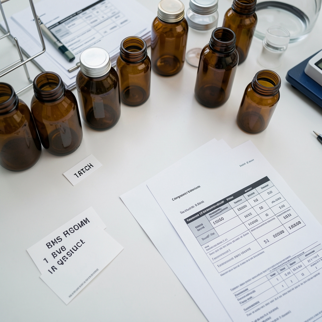 Overhead view of a quality-control workspace with sealed amber glass containers, batch code labels, and composition verification documents spread on a clean surface
