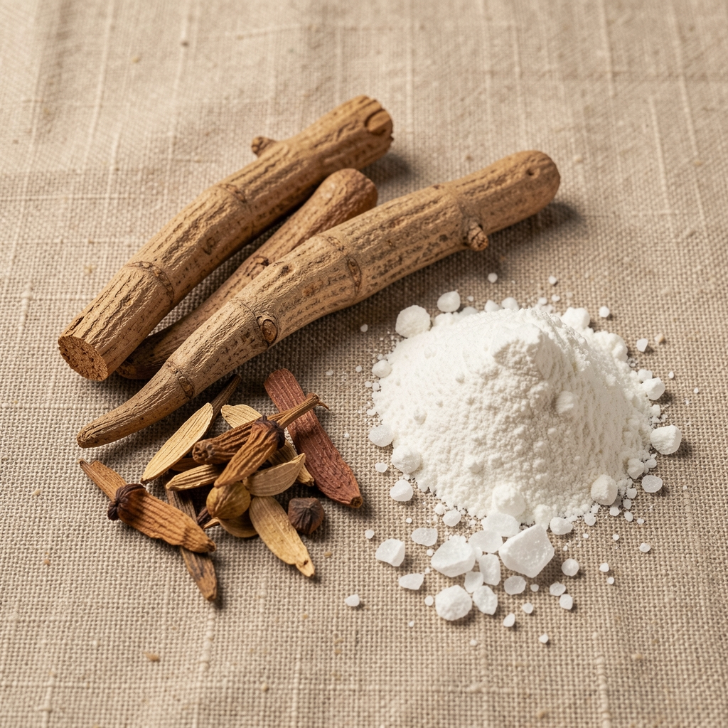 Arrangement of dried botanical ingredients on a linen surface: ashwagandha root, zinc mineral powder, and magnesium flakes photographed under controlled studio lighting