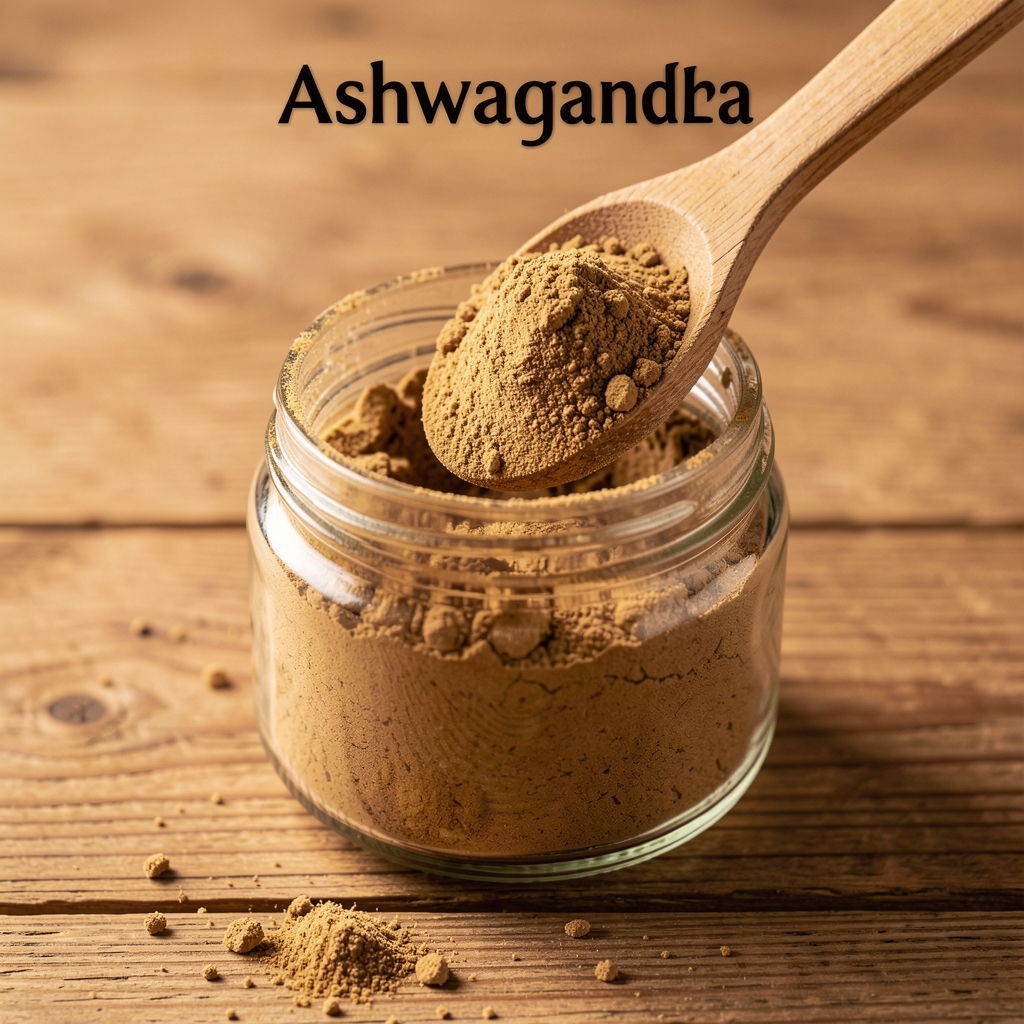 Close-up of ashwagandha root powder measured into a glass jar, natural wooden surface, warm studio lighting with precise depth of field