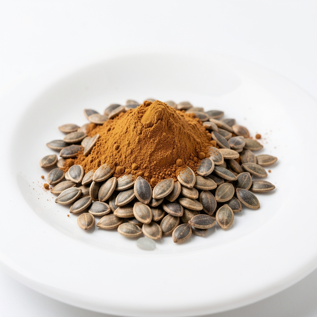 Small pile of fine white zinc bisglycinate powder on a dark slate surface next to a single dried rosehip berry, photographed under precise studio lighting on a clean background
